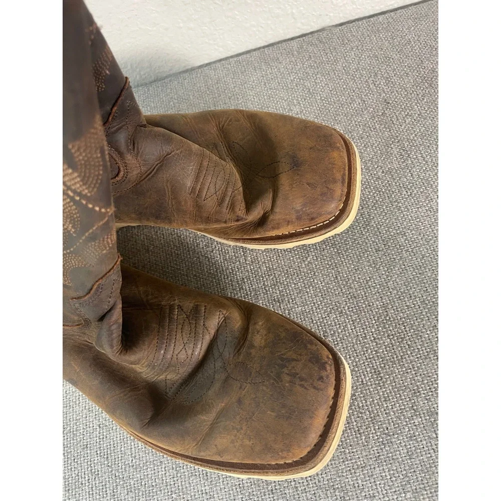Old West Boys Brown Leather Western Cowboy Boots Square Toe Wedge Sole 4.5D